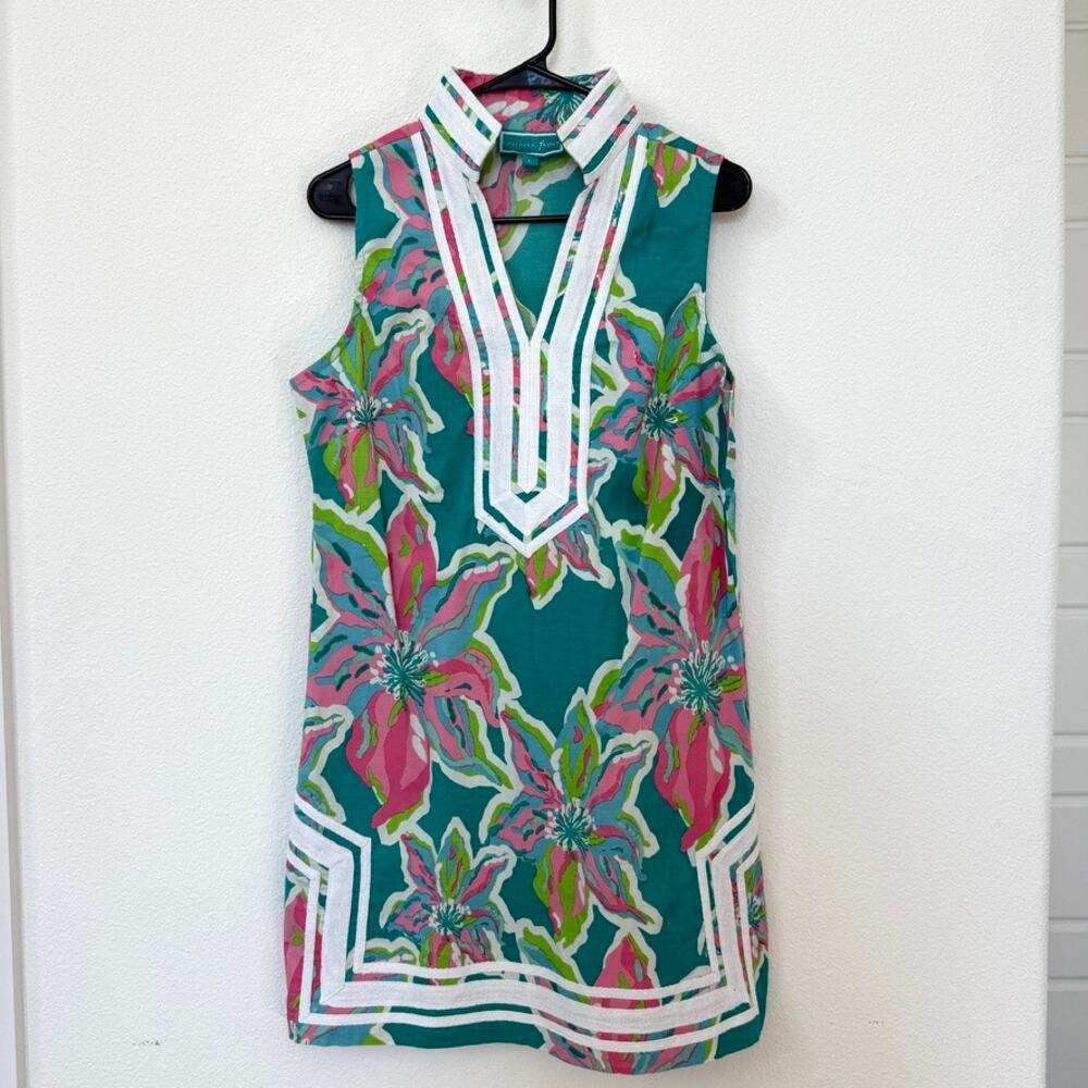 Southern Frock Floral Shift Dress Sleeveless V-Neck Embroidered Trim Size L